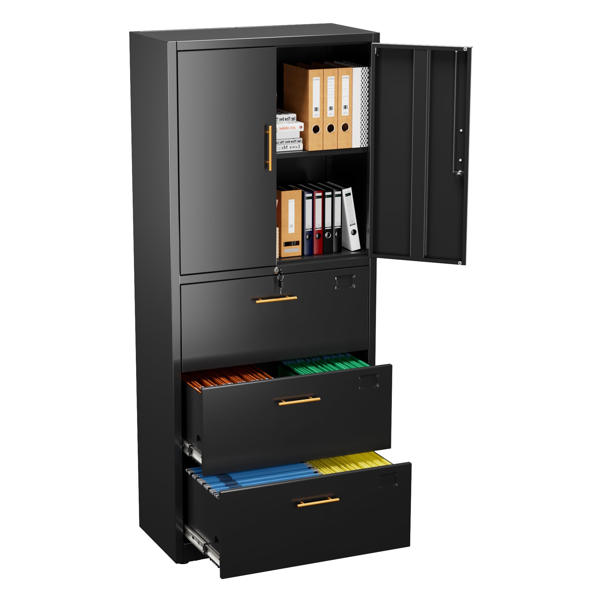 Aobabo Metal Storage Filing Cabinet mit 3 Schubladen, Metall -Büro -Aktenschrank mit abschließbaren Türen und Schubladen für Home Office, Hangdateien Brief/Rechtsgröße, Schwarz, Schwarz