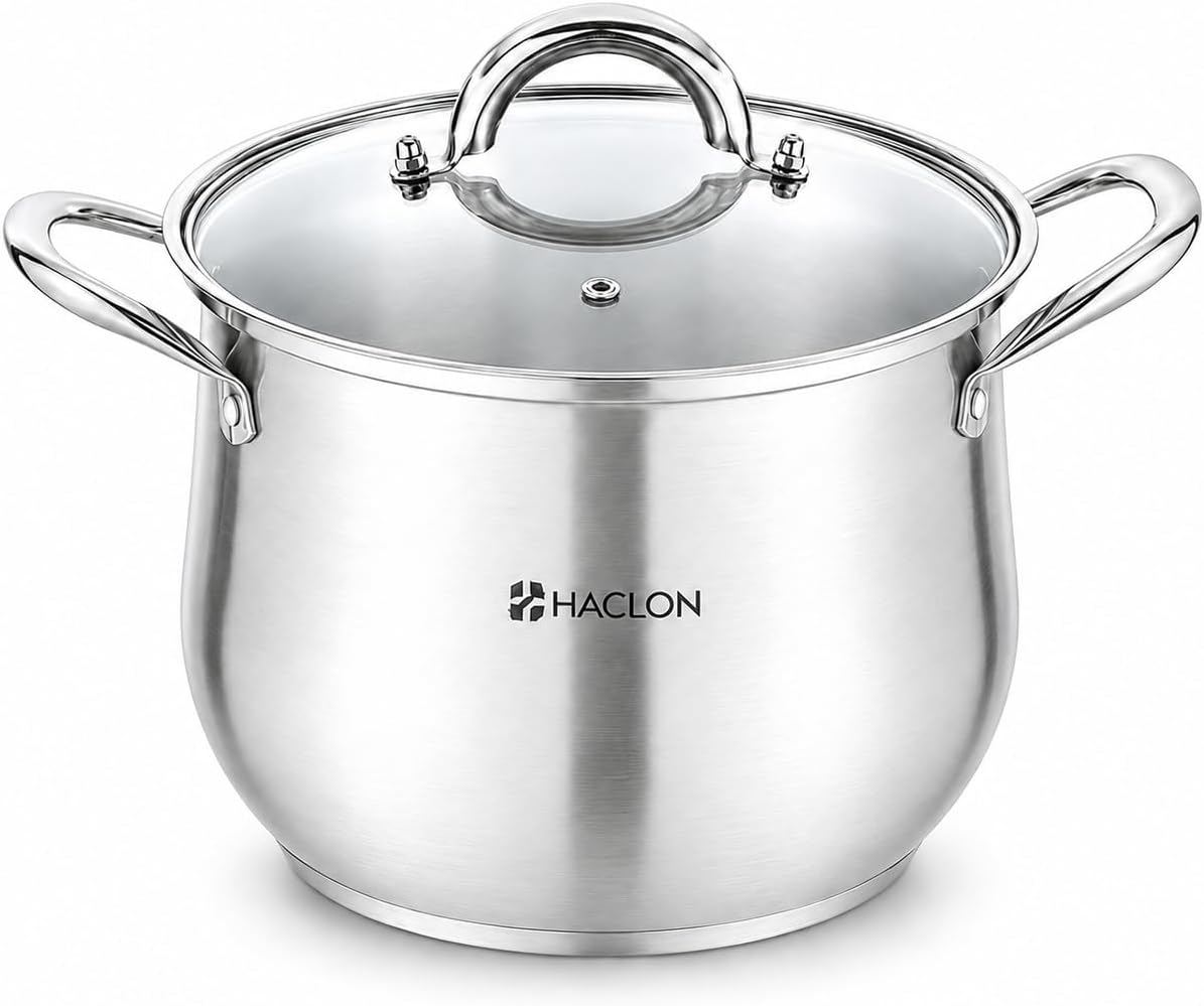 6.5QT Stainless Steel Stock Soup Pot with See Through Glass Lid | 304 stainless steel with triple composite bottom, dishwasher safe for pasta, soup and noodle cooking