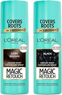 L'Oreal Paris Magic Retouch Temporary Root Touch Up Hair Colour Spray, 75Ml - 2 Dark Brown And Magic Retouch Temporary Root Touch Up Hair Colour Spray, 75Ml - 1 Black, 2 Count