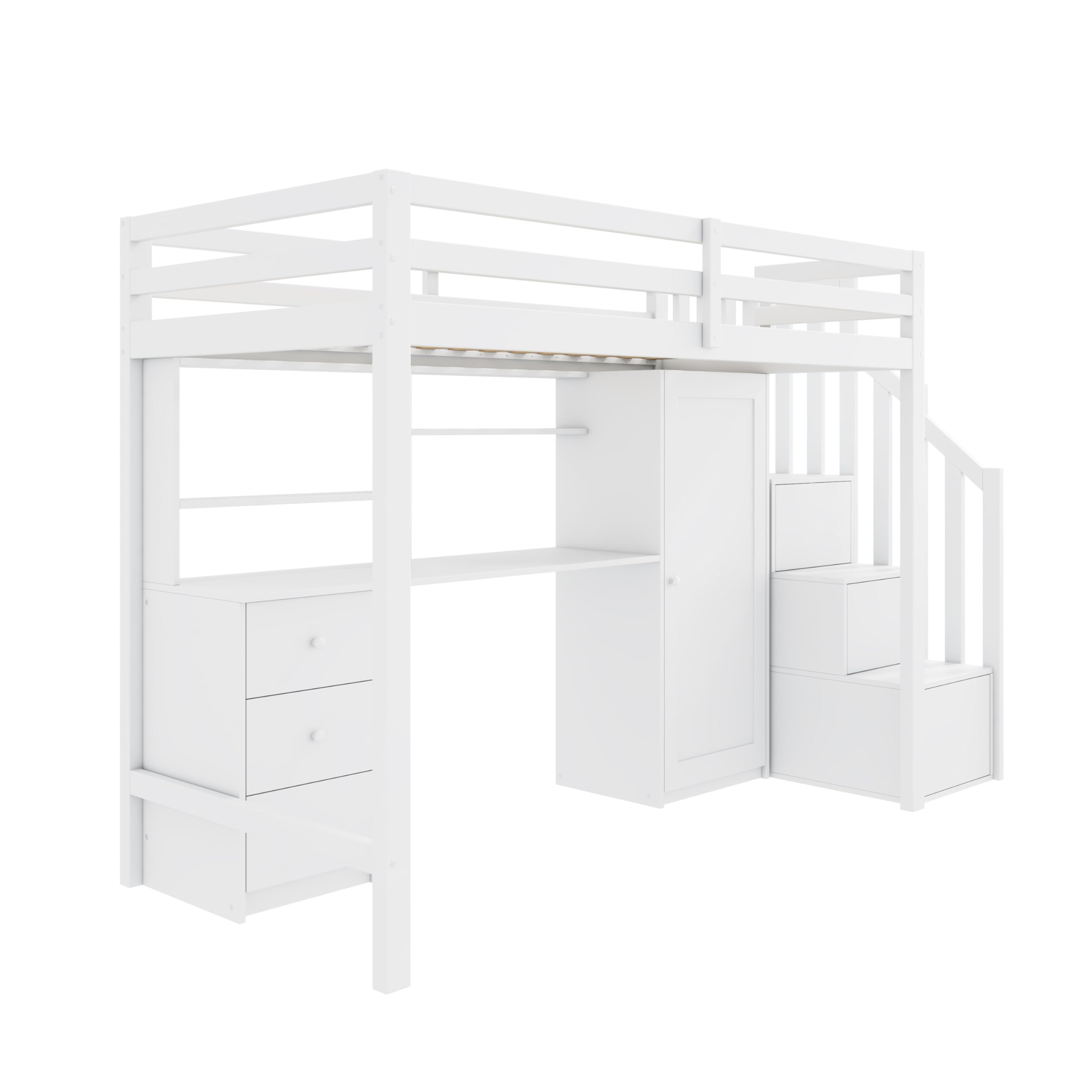 Letto a castello 90 x 200 cm con scrivania e armadio, scala, letto a soppalco multifunzionale per bambini, dotato di cassetti e ripostiglio a scala, ampio spazio di archiviazione, senza