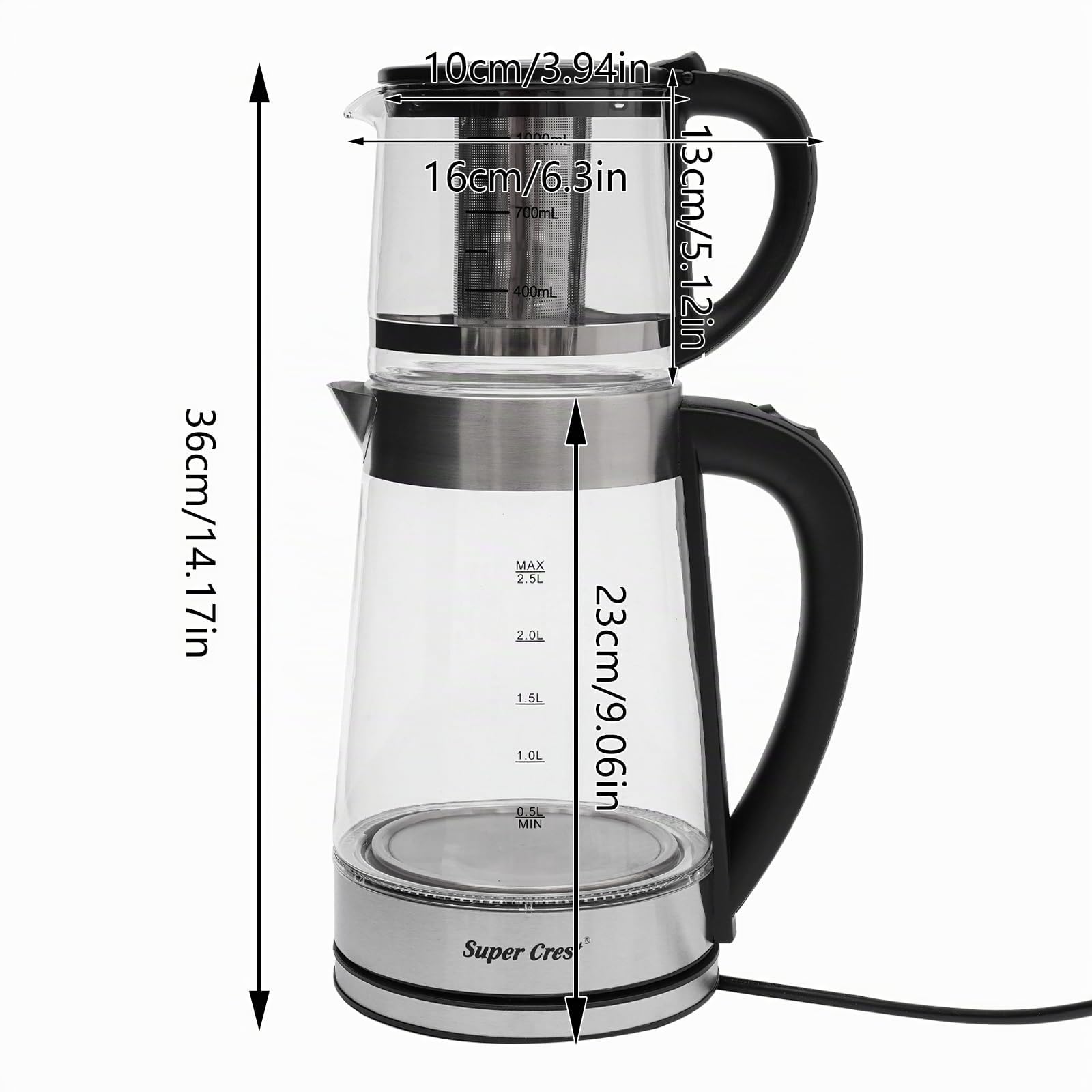 Bouilloire en verre et machine à thé, 2,5 l + 1 l, bouilloire électrique avec 1800 W, design amovible, filtre à thé