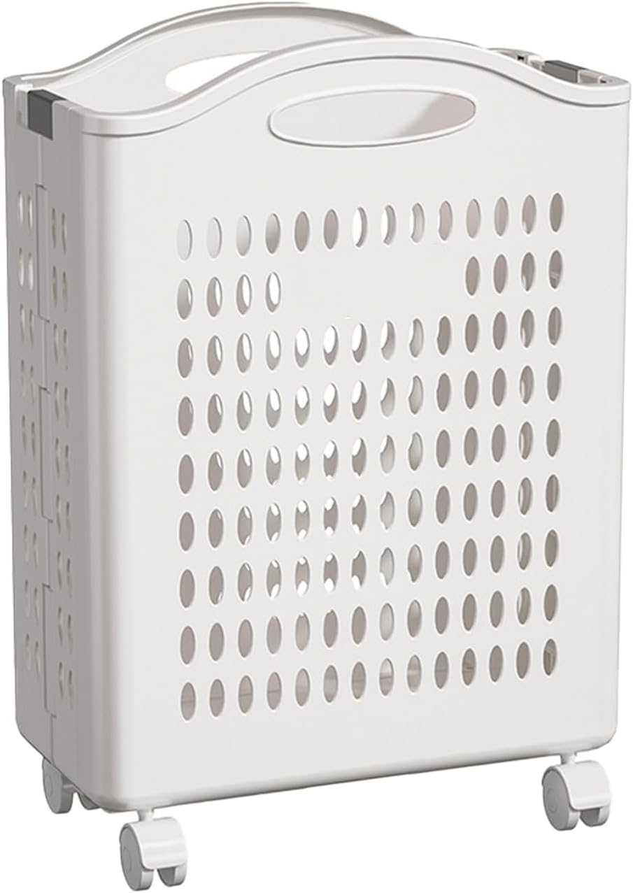 Rolling Laundry Hamper with Handles, White Plastic Storage Basket on Wheels, Slim Design, 14W x 7.5D x 21H inches (large size)