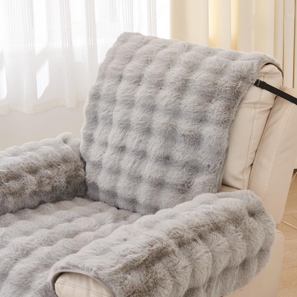 ROOMLIFE Faux Fur Fluffy Recliner Chair Slipcover Faux Rabbit Fur Sofa Cover, Soft Non-Slip Dog Chair Cover Furniture Protector Washable with Pocket, Elastic Straps for Kids (Light Gray 23.6"X 91")