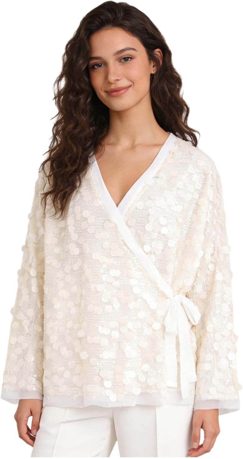 renvena Womens Sequin Dance Top Long Sleeve Wrap V Neck Cardigan Jacket for Disco Concert Evening Party