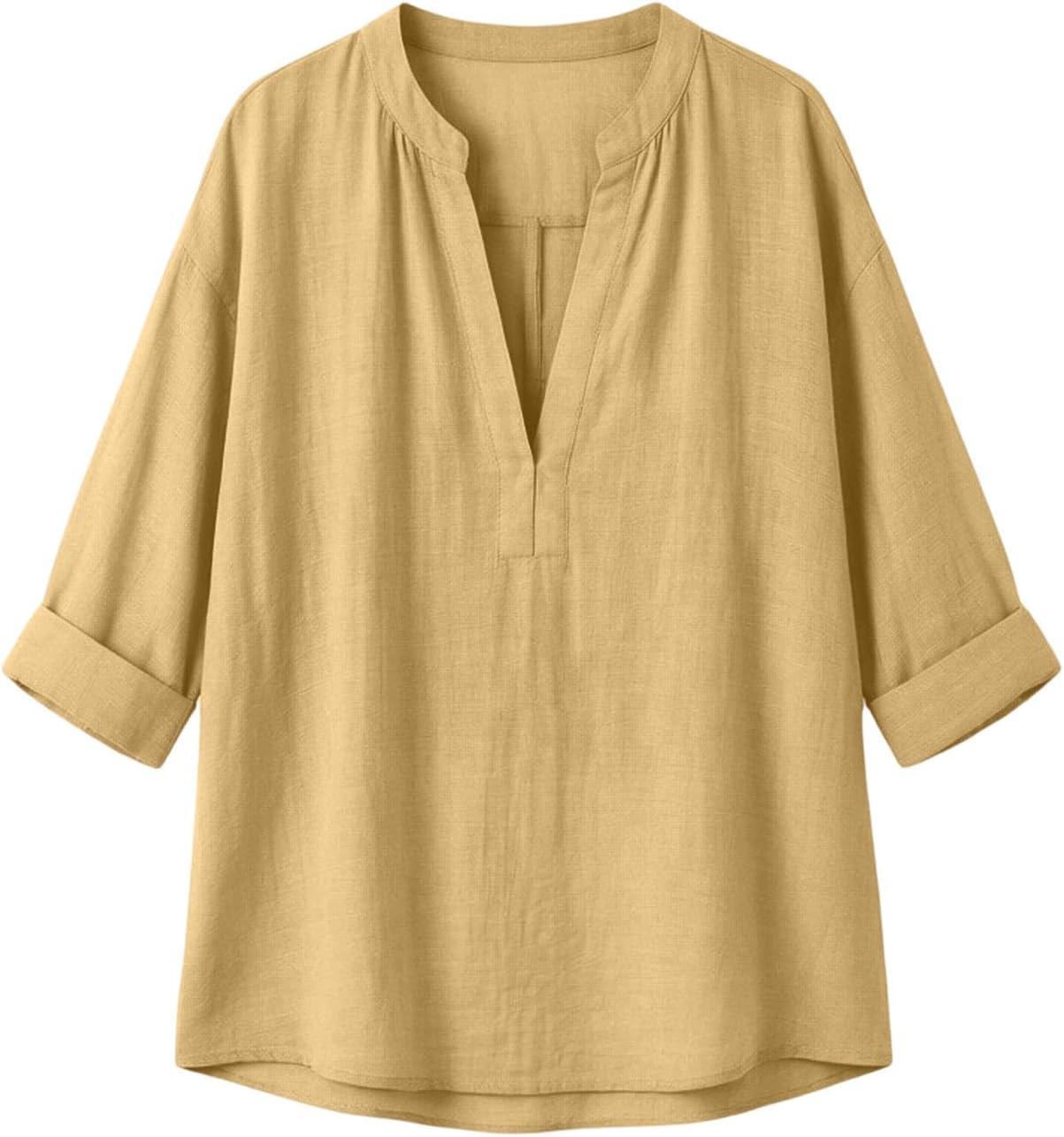 Women's V Neck 3/4 Length Sleeve Linen Tops Casual Work Gauze Shirt | Fall Three Quarter Sleeve Blouses, Loose Fit, Cotton Linen Pullovers, Thin Fabrci Summer Casual Outfits