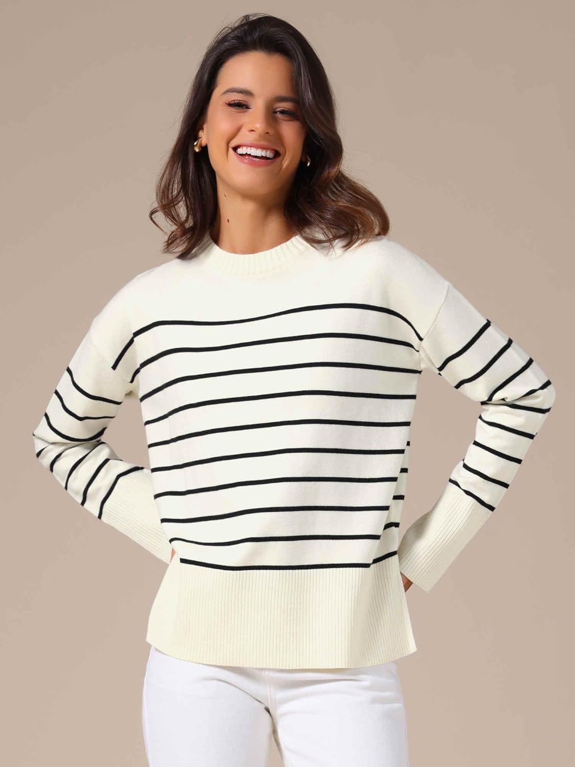Allegra K Striped Sweater for Women's 2025 Fall Winter Outfits Crewneck Side Slit Knit Jumper Pullover Tops - Image 3