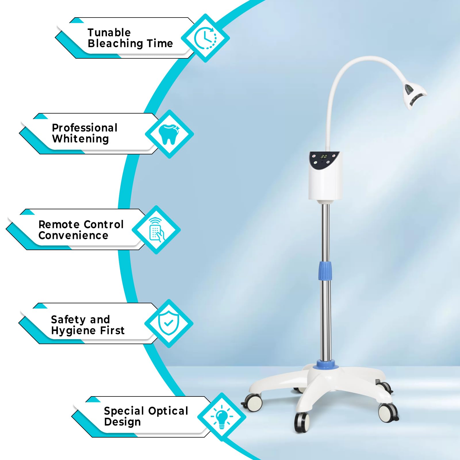 Mobile Cold Light Bleaching System, Whitening Lamp with 4 High-Power LED Lights, Sensitive Infrared Remote Control, Full-Mouth Whitening, Secret to a Confident Smile