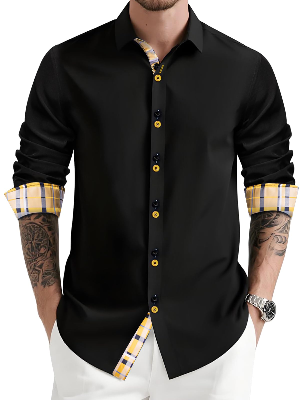 DiBanGu Men's Dress Shirt Long Sleeve Casual Button Down Shirts Regular Fit Inner Contrast Shirt for Business Party