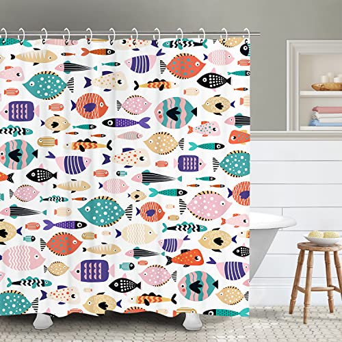 Image of RosieLily Fish Shower Curtain, Kids Shower Curtains Set with 12 Hooks, Waterproof Shower Curtain, Cartoon Fun Fishes Bath Curtains, 72x72 ''