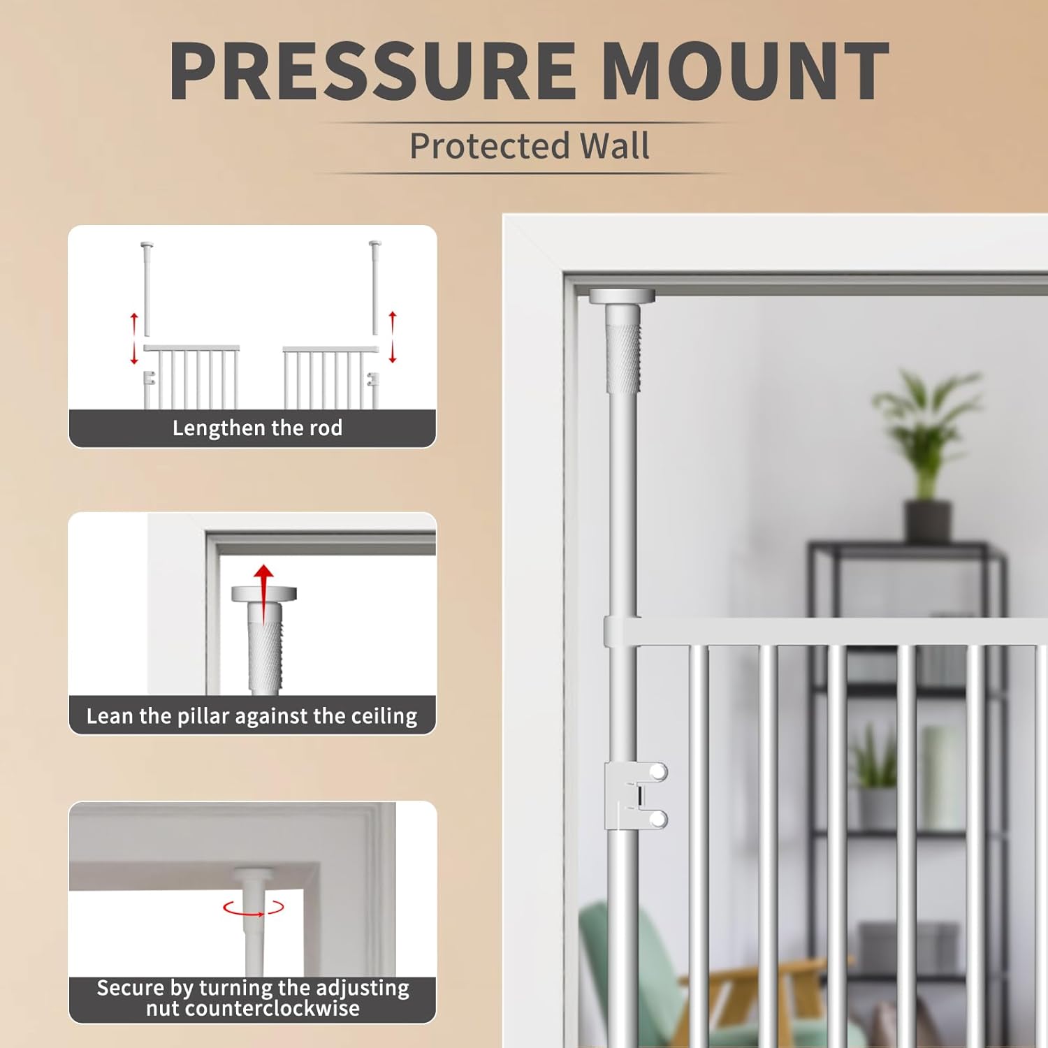 Aboron 76" Extra Tall Cat Gate for Doorway, 37.4"-40.5" Wide, No Drilling Pressure Mounted Double Doors for Stairs/Hallways/House, 1.25" Narrower Bar Spacing, White