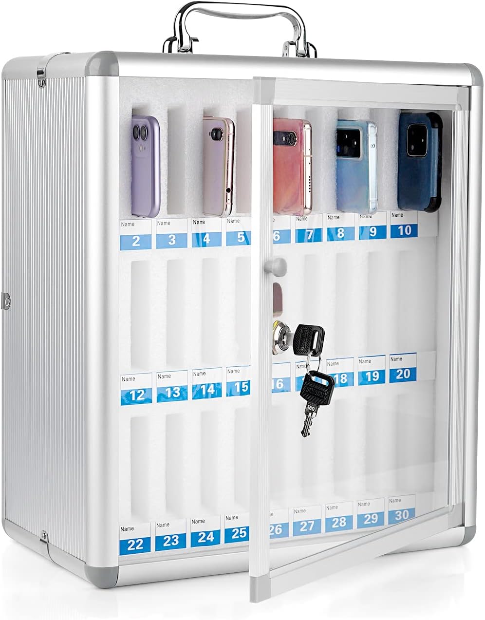 Trycooling 30 Slots Aluminum Alloy Clear Cell Phones Storage Cabinet Pocket Chart Storage Locker Box with Handle for Office Classroom