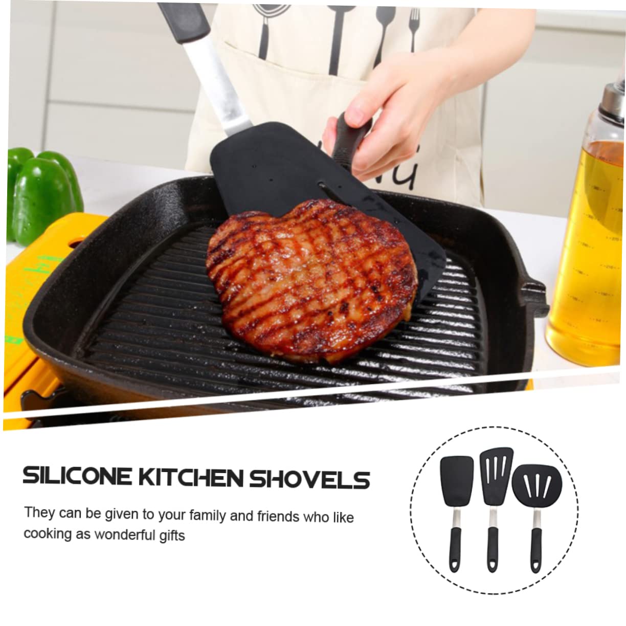 Set di 3 Spatole in Silicone Nero per Cucina e Bistecca