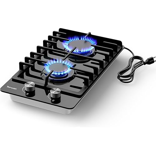 2 Burners Gas Cooktop, 12 Inch Black Tempered Glass Propane Stove Top Built-in NG/LPG Convertible Gas Hob StoveTop 18,000BTU with Flame-out Protection for Rvs Kitchen Apartment Outdoor