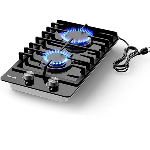 2 Burners Gas Cooktop, 12 Inch Black Tempered Glass Propane Stove Top Built-in NG/LPG Convertible Gas Hob StoveTop 18,000BTU with Flame-out Protection for Rvs Kitchen Apartment Outdoor