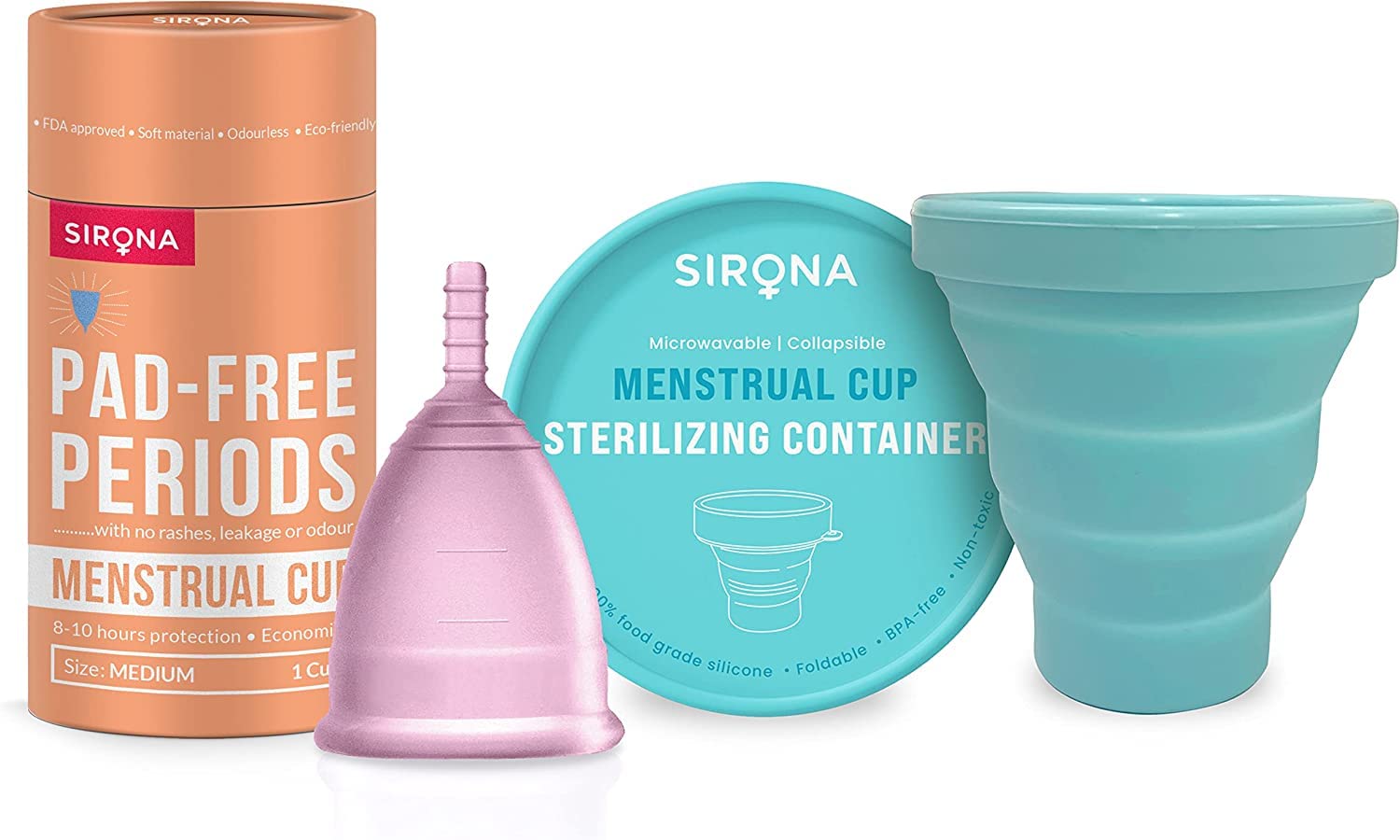 Sirona Collapsible Silicone Cup Foldable Sterilizing Container Cup for Menstrual Cup - 1 Unit with Reusable Menstrual Cup - Medium (Pack of 1) | Kills 99% of Germs | Menstrual Cup Sterilizer