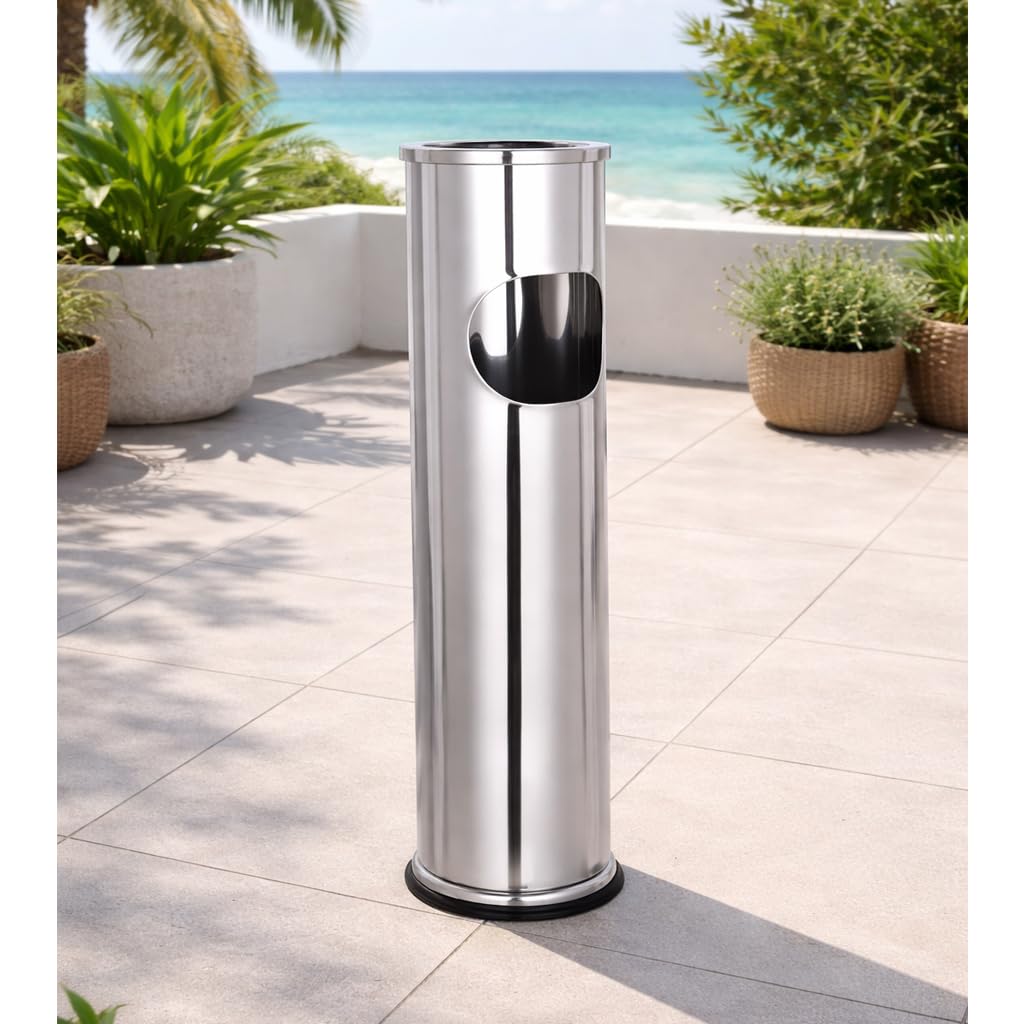 Mojawo XL Outdoor Standaschenbecher mit Mülleimer – Chrom (silber), 56 cm hoch, Ø 15 cm