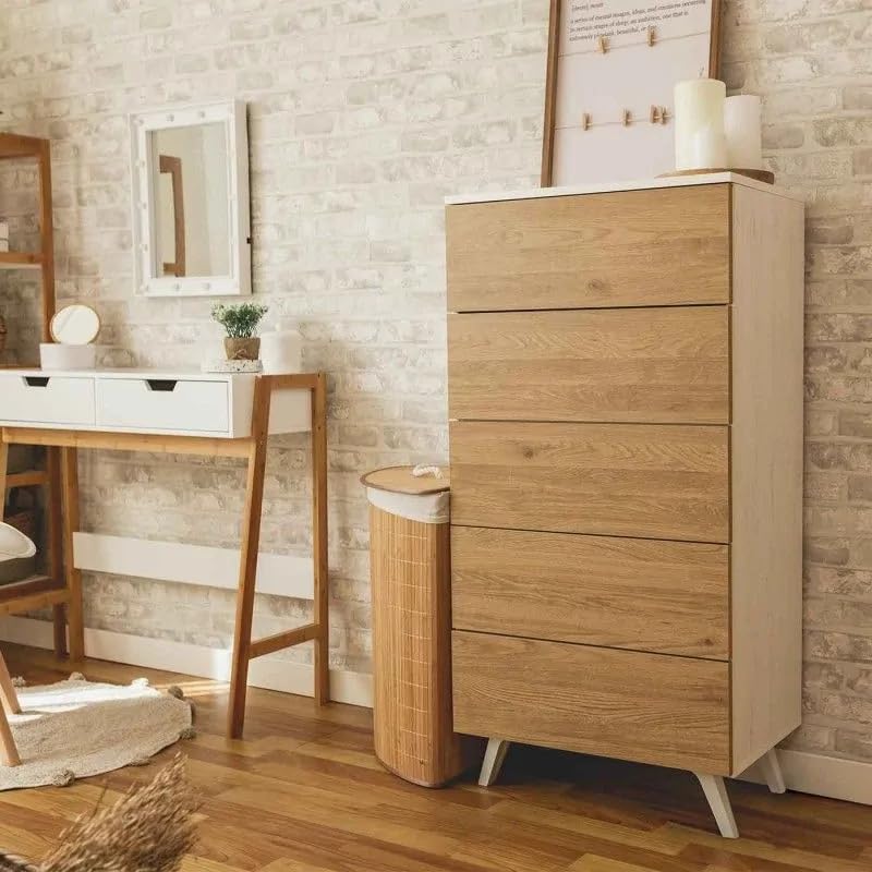 Sinfonier con 5 Cajones y con Patas, Comoda Cajonera Dormitorio, Color Roble y Blanco, 60cm (Ancho) x 118,5cm (Alto) x 37,8cm (Fondo)