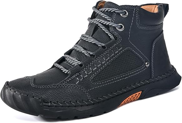 Mens Leather Boots Stylish Waterproof Arch Support Hiking Working Handmade Non-Slip Loafers Mid-top Dress Boots Walking Shoes