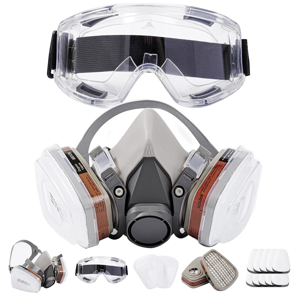 HASTHIP® Respirator Mask Half Face Cover Gas Mask with Safety Glasses, Filters, 10Pcs Replacement Filter Pads, for Painting, Welding, Polishing, Woodworking and Other Work Protection-image-30