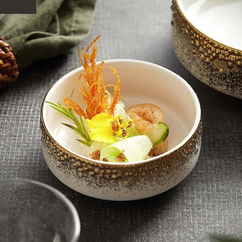 Forniture Per Feste Cena rotonda in ceramica Ciotola di riso Pasta Sashimi Piatto di sushi Ristorante retrò Bordo dorato Posate Zuppa Bacinella Noodle Ramen Insalate Ciotole Piatto Piatti Della Festa
