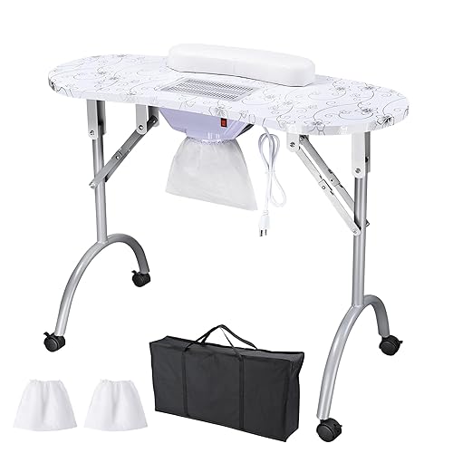 BYOOTIQUE Mesa de manicura portátil para uñas plegable con colector de polvo integrado, bolsa de transporte, mesa de manicura con rueda bloqueable
