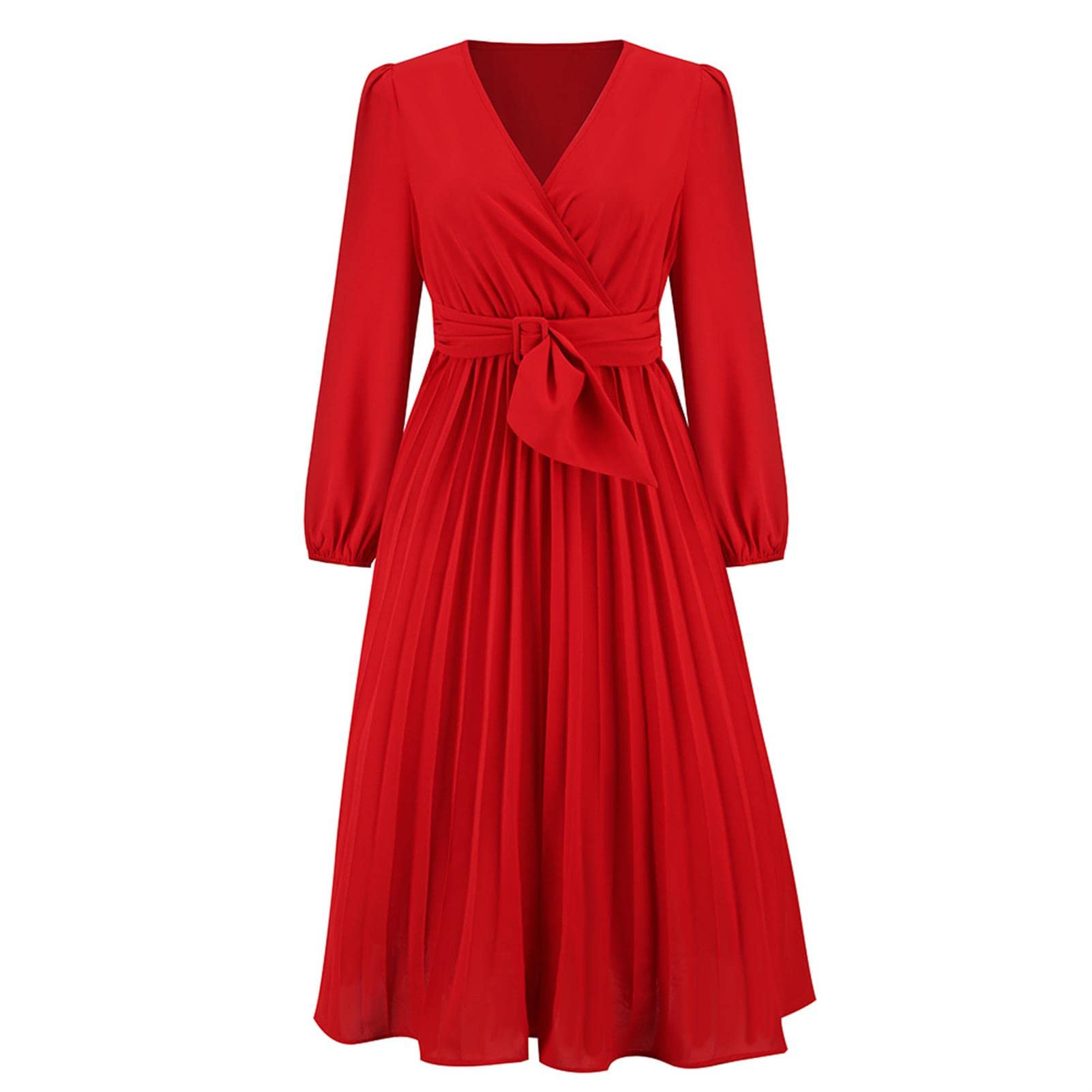 Vestidos para Mujer, Vestidos para Mujer, Manga Larga, Corte Ajustado, Cuello en V, Vestido Plisado, Falda Larga de Color sólido, Falda Acampanada para Fiesta