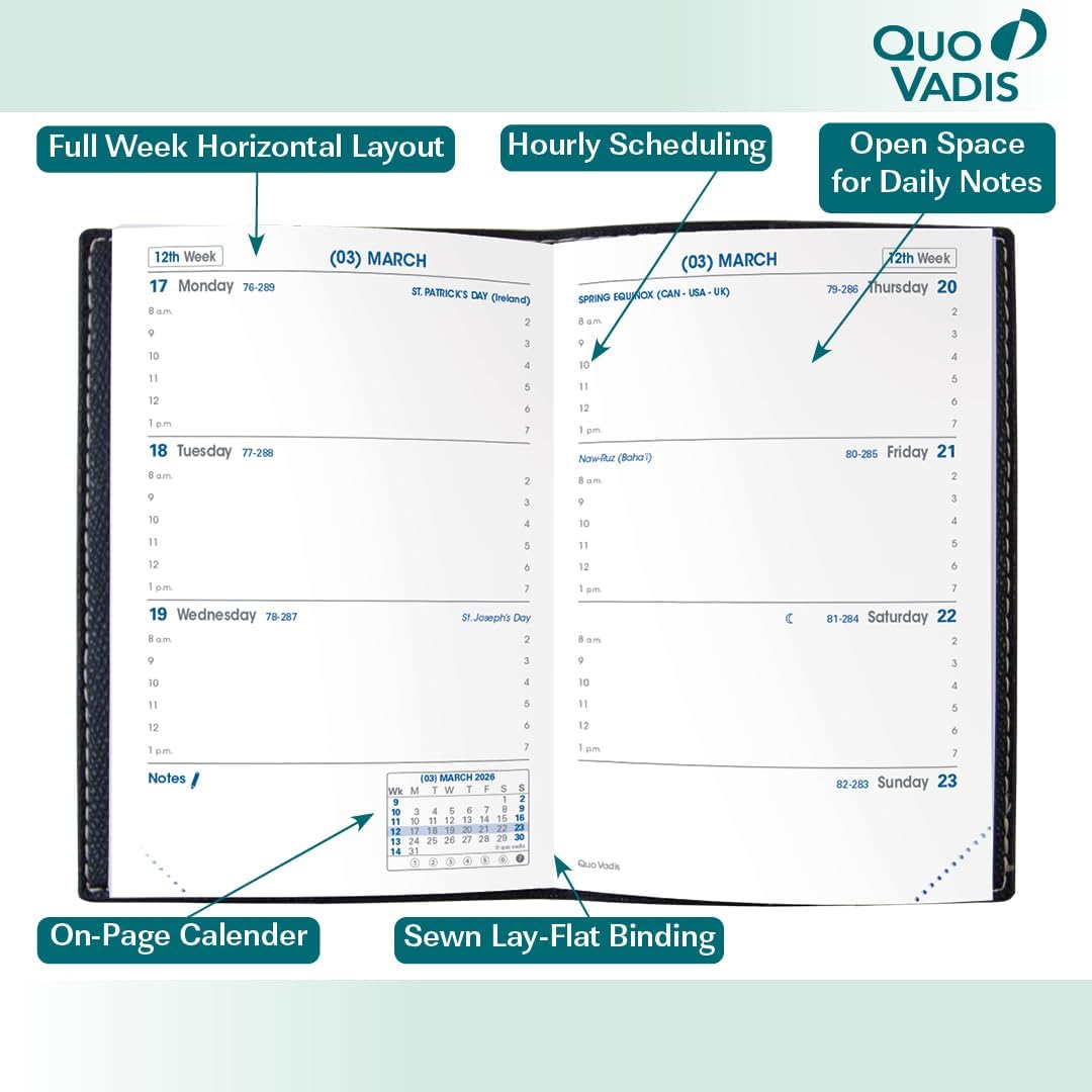 Quo Vadis 2026 Sapa X - Weekly Planner - 12 Months, Jan. to Dec. - 3 1/2 x 5 1/4" - Grained Faux Leather Club Red Covers - Productivity Time Management Organizer