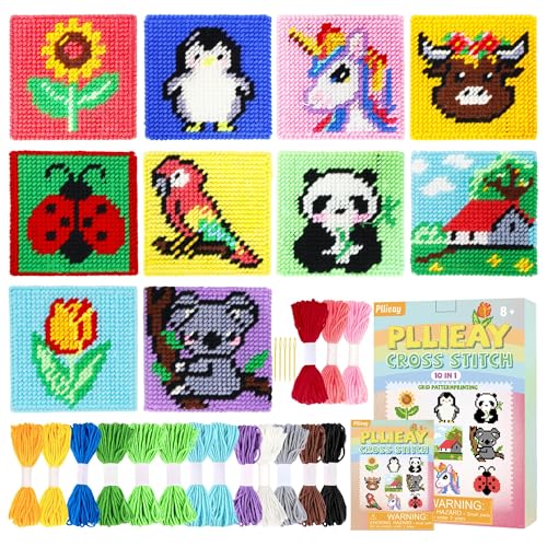 Pllieay 10-in-1 Cross Stitch Kit for Beginners Easy Needlepoint Kit for Kids Includes 10 Pre-Printed Pattern Plastic Canvases 16 Color Yarns Needles Instructions for Needlepoint Sewing Crafts