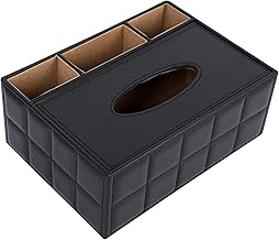 Tissue Case, Remote Control Rack, Multi-functional Storage Case, PU Leather, Tissue Box Holder Included, Pen, Pencil, Remote Control Storage, Tabletop Storage, Divider, Office and Home (Black