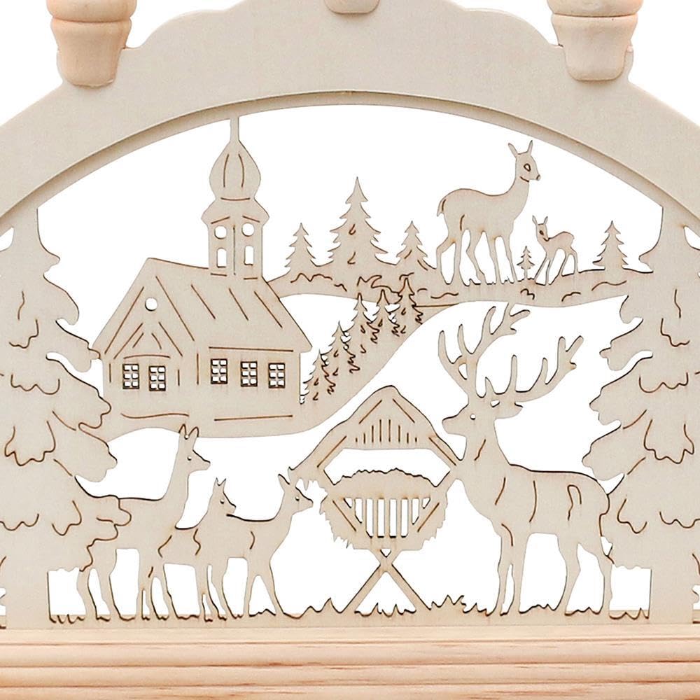 Wichtelstube-Kollektion Holz Schwibbogen Lichterbogen Waldkirche und Rehe 45cm Schwippbogen Weihnachten Weihnachtsbogen Schwibbogen Weihnachten 7 Kerzen 230V Anschluss