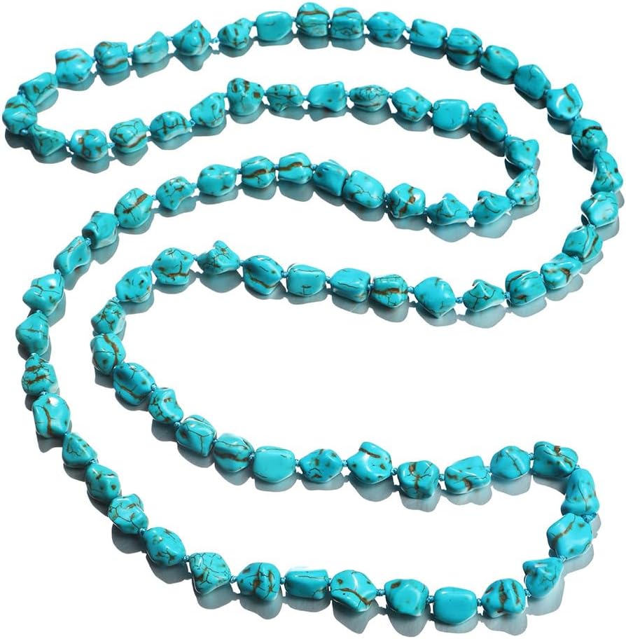 COLORFUL BLING Handmade Turquoise Beaded Strand Endless Necklace Long Knotted Stone Multi-Strand Layer Necklaces Simulated Collar Western Necklace Vintage Jewelry