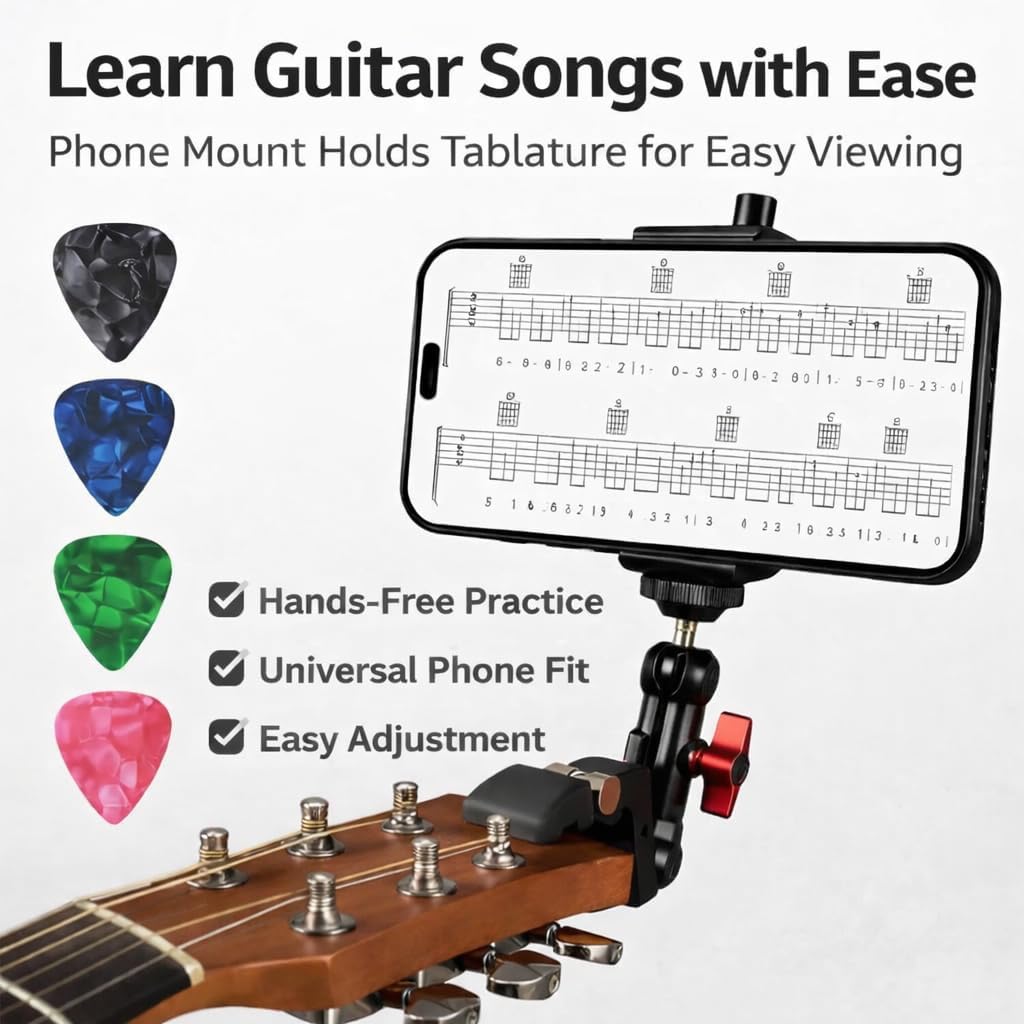 Guitar Head Phone Holder Mount with 5 Picks, Universal Clip-On Smartphone Stand for Guitar & Ukulele, Adjustable Phone Accessory for Musicians, Practice, Recording & Live Performance