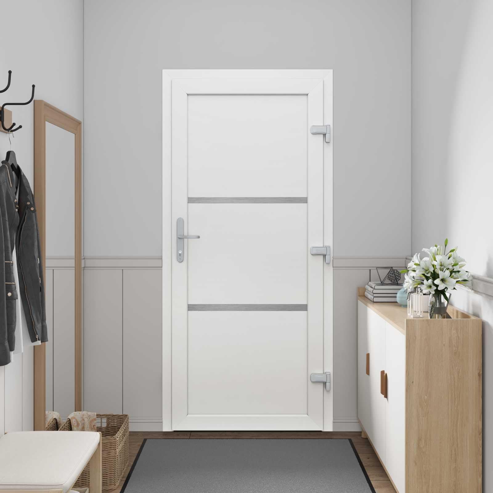 Vordertür Weiß PVC 88 x 200 cm Haustür mit Glas, Zarge, Schloss und Beschlag für Eingang, Wohnung, Neubau, Renovierung, Einbruchhemmend, Wärmedämmung, Schallschutz, Mehrfachverriegelung