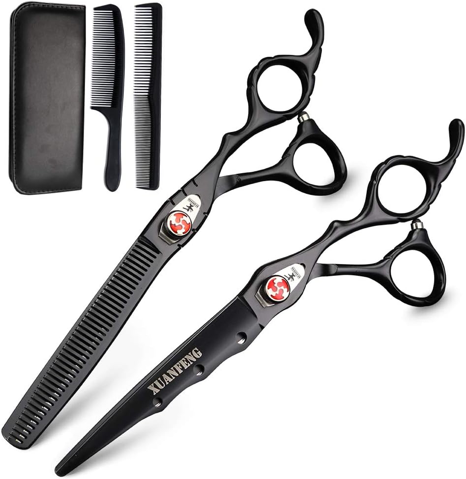 Hairdressing Scissors 7 inch Black Hair Scissors Japan 440C Cutting Scissors and Thinning Shears for Hair Salon or Home (Set)