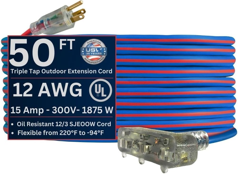 USW 12/3 Gauge x 50-Foot Extreme Cold Weather Triple Tap Extension Cord – Heavy-Duty, 221°F to - 94°F Rating, Lighted Plug, SJEOOW, Weather-Resistant, Ideal for Outdoor Use