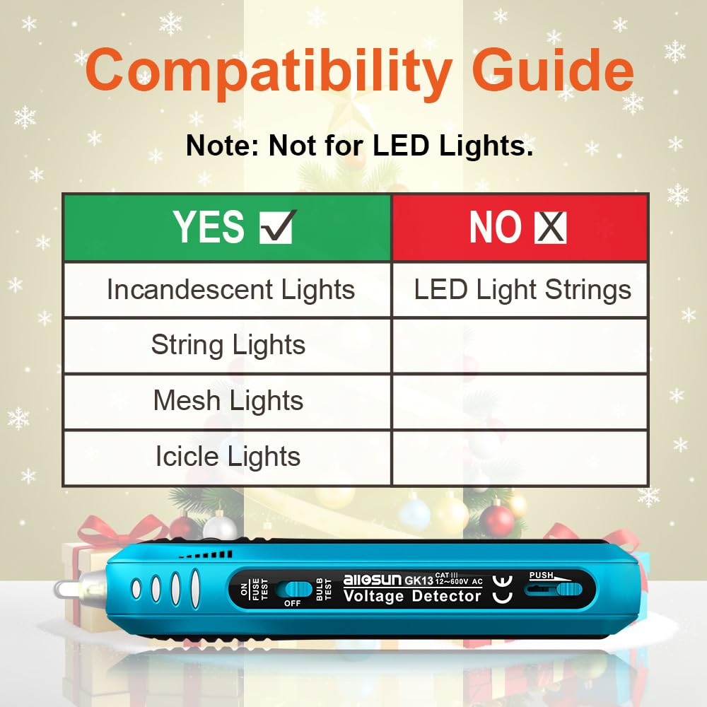 allsun Christmas Light Tester with 50pcs 2.5V Bulbs, Non-Contact Voltage Tester and Repair Tool, 12-600Vac Christmas Tree Light Tester for Holiday String Lights, Bulb and Fuse Checker