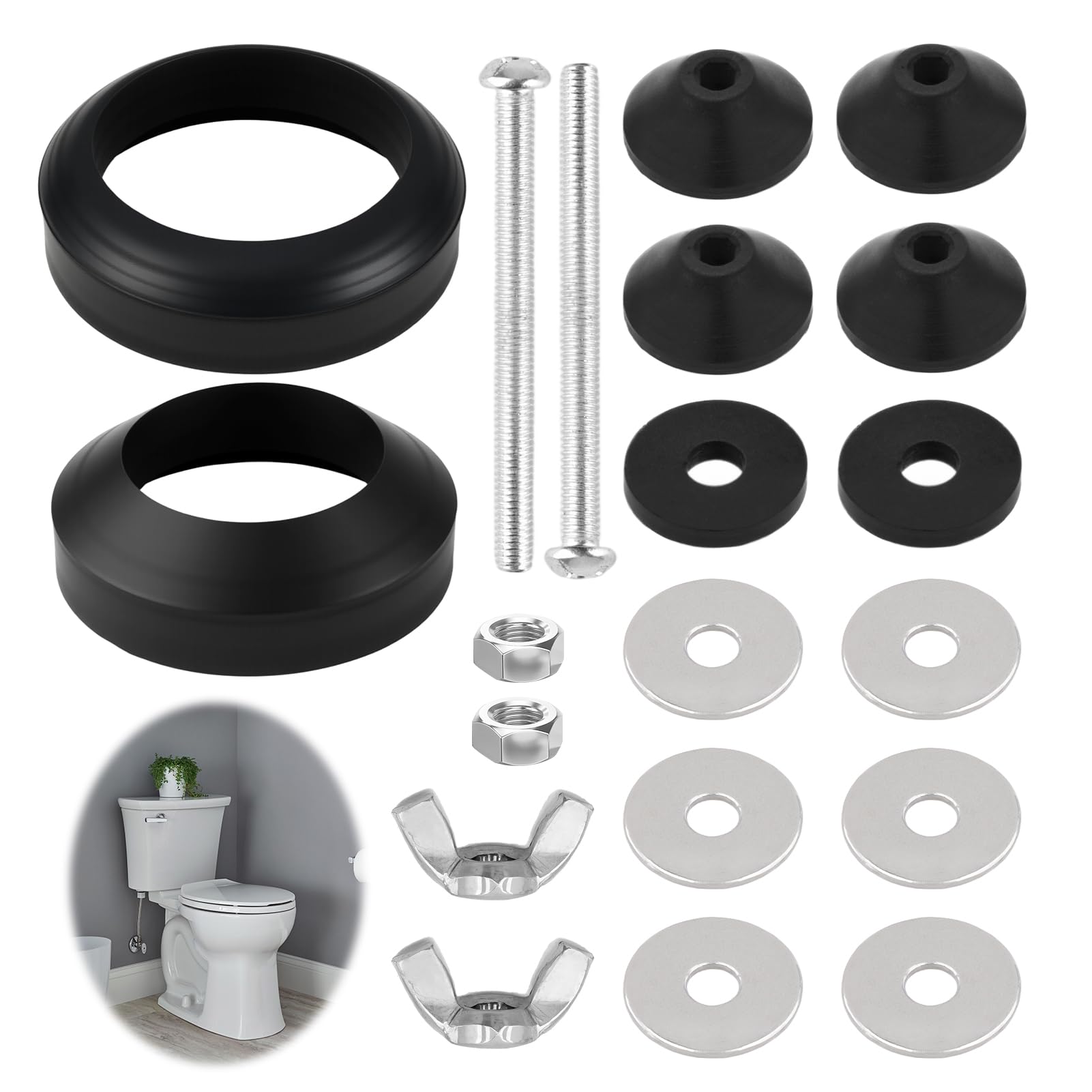Universal Toilet Cistern Seal Kit Complete Toilet Repair Replacement Kit 100mm M6 Bolt Through 1.5" Rubber Dome 2" Foam Washer - Tank to Bowl Rubber Gasket + Sealing Rings + Washers + Bolts