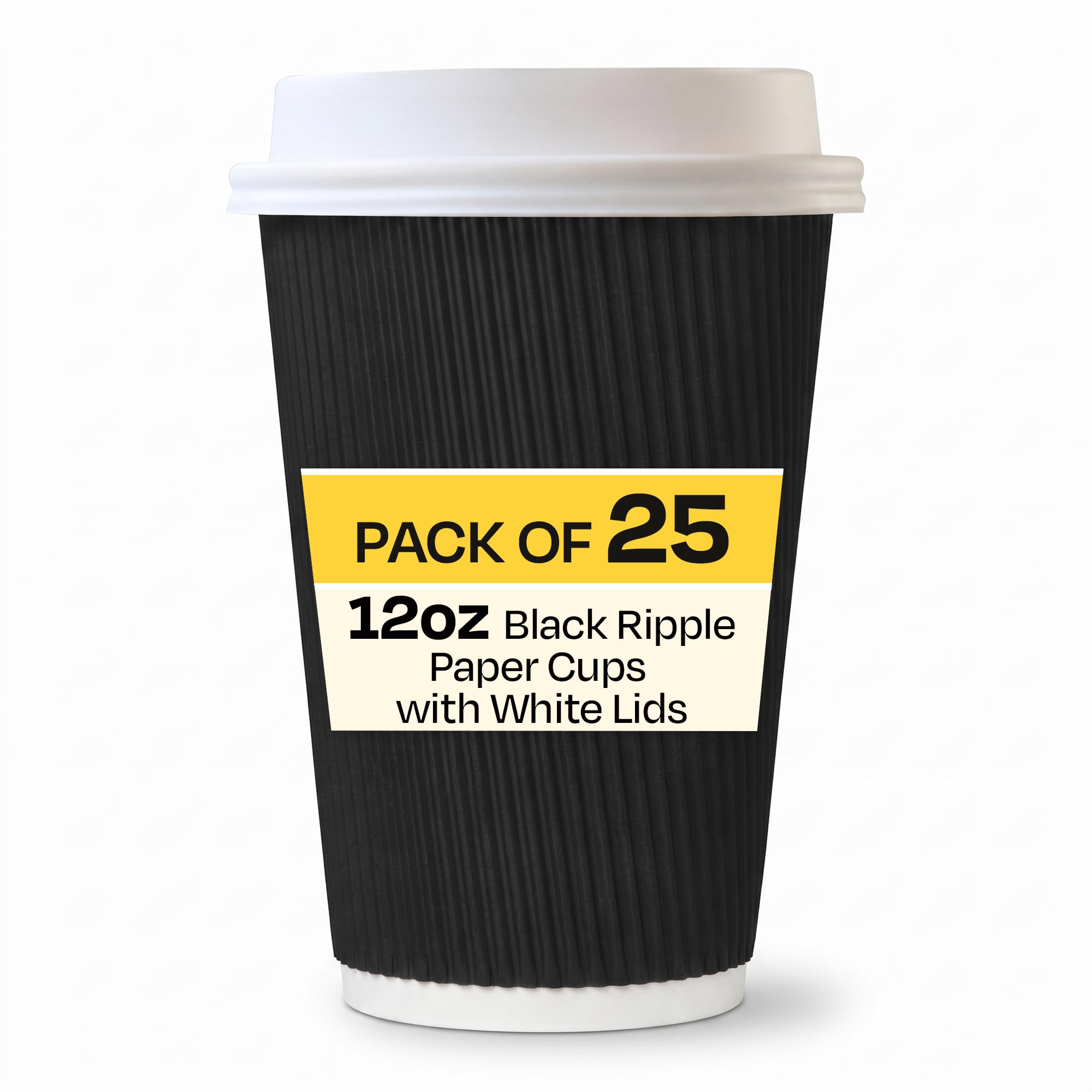 We Can Source It Ltd – 12oz Disposable Black Ripple Paper Cups with White Lids – Insulated Black Paper Cups with 3 Ply Construction – for Tea, Coffee, Hot Drinks– 25Pc