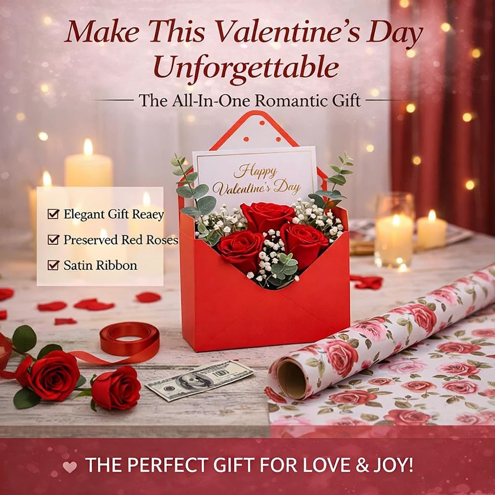 2026年新バレンタイン封筒ボックス、バレンタインデー赤い封筒ギフトボックス、フラワーラッピングペーパー、ギフト用のロマンチックなボ