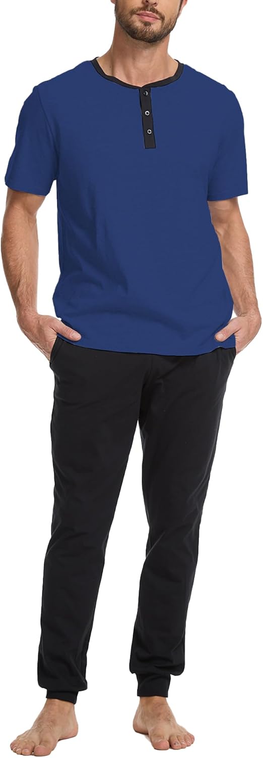 Navisting Men's 100% Cotton Short Sleeve Pajama Set with Henley Neckline Soft and Comfortable Nightwear 2-Piece Lounge Set XL Dark Blue and Black