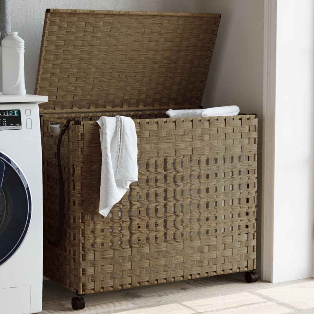 Wäschekorb mit Rollen aus Rattan 66 x 35 x 60 cm, handgewebt mit Deckel, 3 Fächer, Innenbeutel, Bremsrollen und Klappdesign für Bad, Schlafzimmer und Waschküche