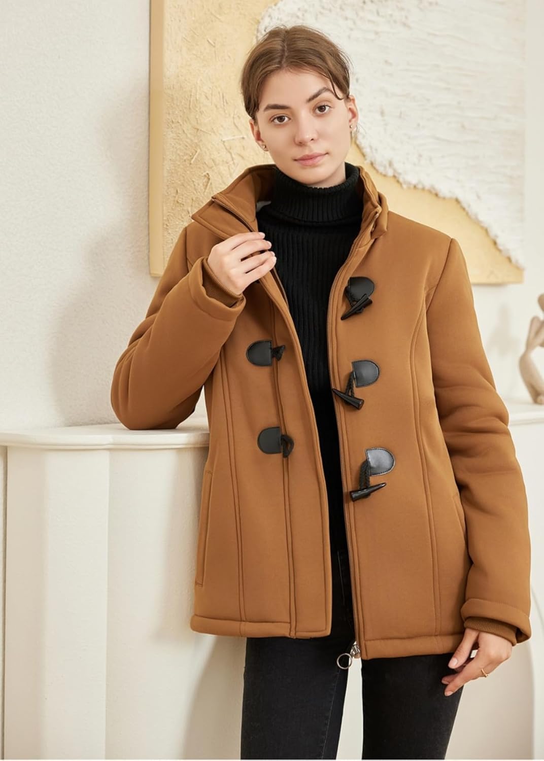 JiangWu Women's Fashion Sherpa Fleece Thickened Horn Button Hooded Jacket Winter Warm Slim Coat - Image 4