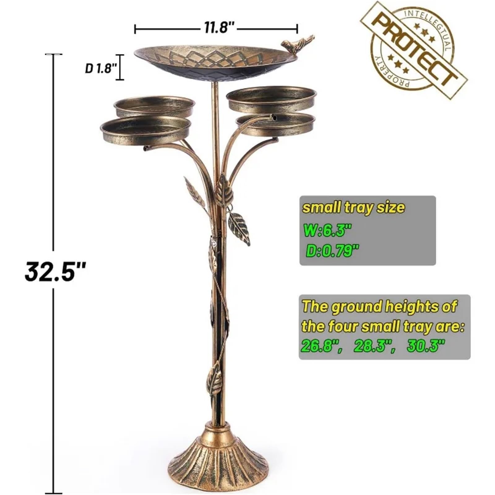 Metal Bebedero pajaros con Pie Baño for pájaros al Aire Libre con Base de Hierro Fundido 33,5 "H | Bandeja de cuenco de alimentación de pájaros de metal, decoración de patio de jardín de baño de pájaros de metal