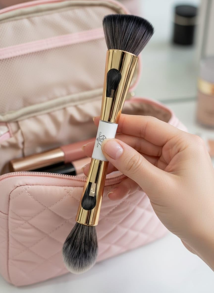 Juego de brochas de maquillaje 4 en 1 portátil y fácil de viajar, para gestionar brochas de maquillaje, brochas de maquillaje en polvo, cepillo de rubor y lujoso diseño dorado