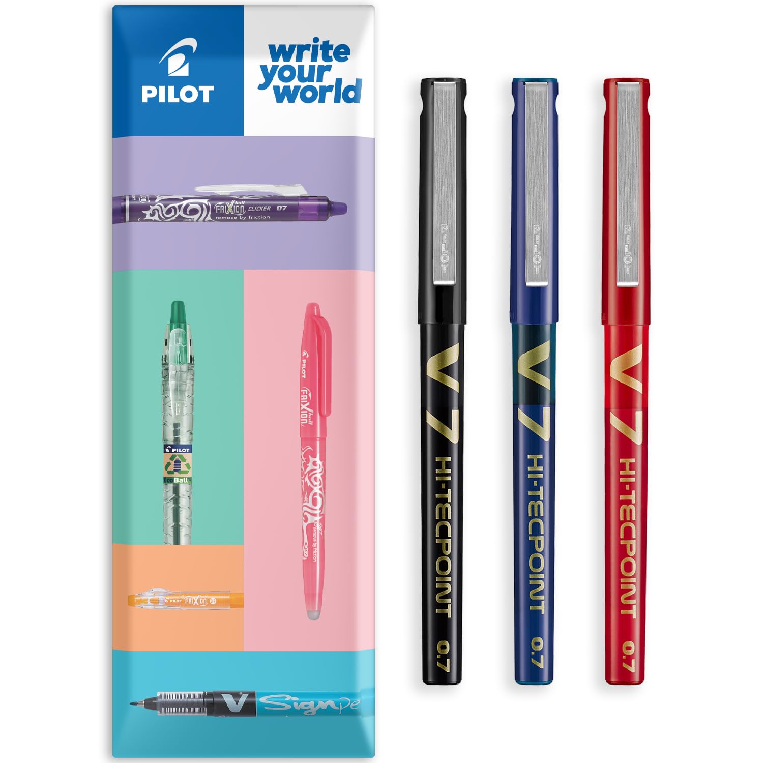 V7 Hi-Tecpoint Rollerball Pen, 0.7 mm Tip - Black/Blue/Red, Pack of 3