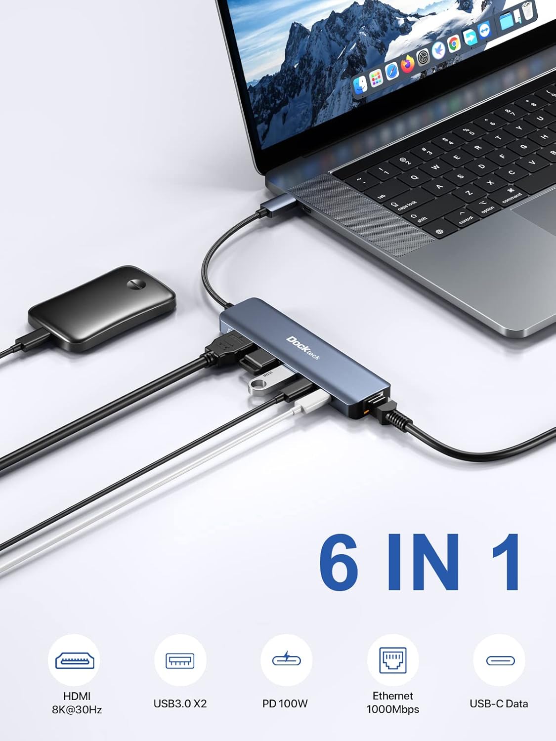 Dockteck USB-C 6 in 1 Multiport Adapter - 8K HDMI, 2 USB-A 5 Gbps, 100W PD, 1Gbps Ethernet for MacBook Pro, Air, HP, XPS and More