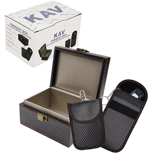 KAV Faraday Box and Faraday Car Key Fob Protector Pouch Bundle - Keyless Entry Protection for Car Keys, Phones - RFID Signal Blocking Pouch & Anti-Theft Key Fob Case (1 Box with 2 Pouch)