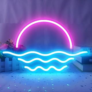 Sunrise Sunset Neon Sign Dimmable Wave Neon Sign Tropical Bedroom Decor Sunrise Neon Surf Room Decor Ocean Neon Sign for Living Room Bedroom Office Bar Birthday Party Christmas (Ice blue,Pink) 15.6in