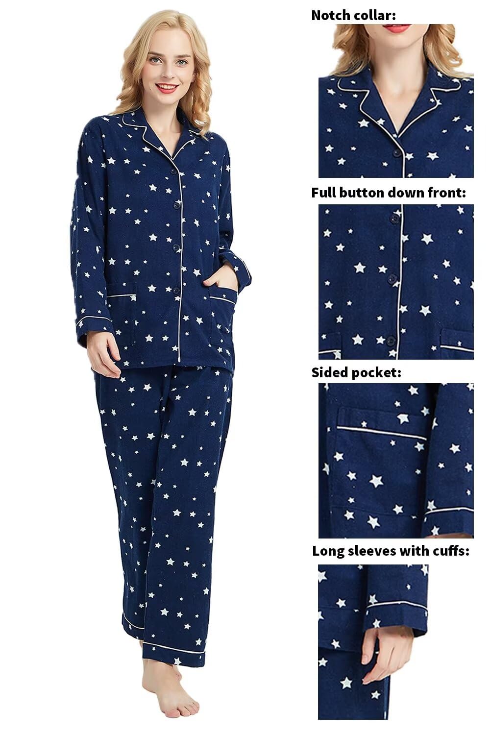 GLOBAL Pijamas Mujer Franela, Pijamas Algodon Mujer Largos, Conjunto de Pijama Suave y Cómodo, Camisones Mujer Botones, Cintura Elástica Ajustable，Regalo Mujeres,