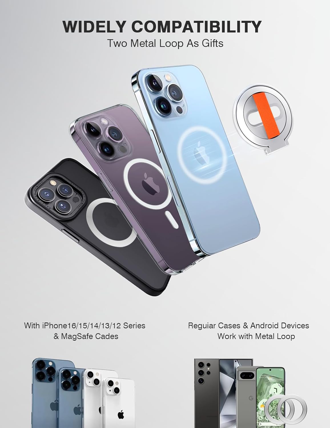 Grat Magnetic Phone Grip Kickstand, [Elastic Finger Strap] Phone Loop Holder, Dual-Sided Magnet Ring Stand Compatible with Magsafe Series iPhone 16 15 14 13 12 Pro max, Silver - Image 7